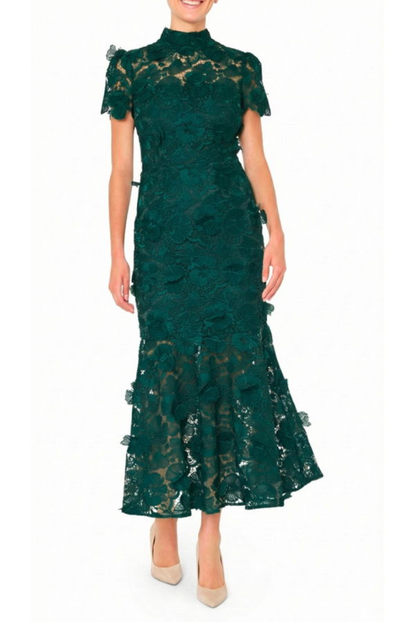 Milly Sylvie Poppy Lace Mock Neck Dress - Dark Green