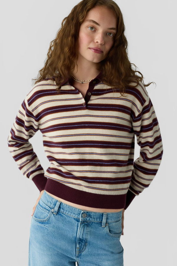 Guest in Residence Collegiate Stripe Polo Sweater - Fig Combo