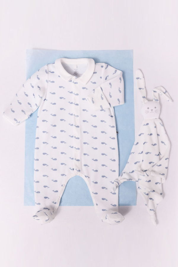 KIDS Petit Bateau Baby Doudou Whale Print Soft Toy Blanket - Blue