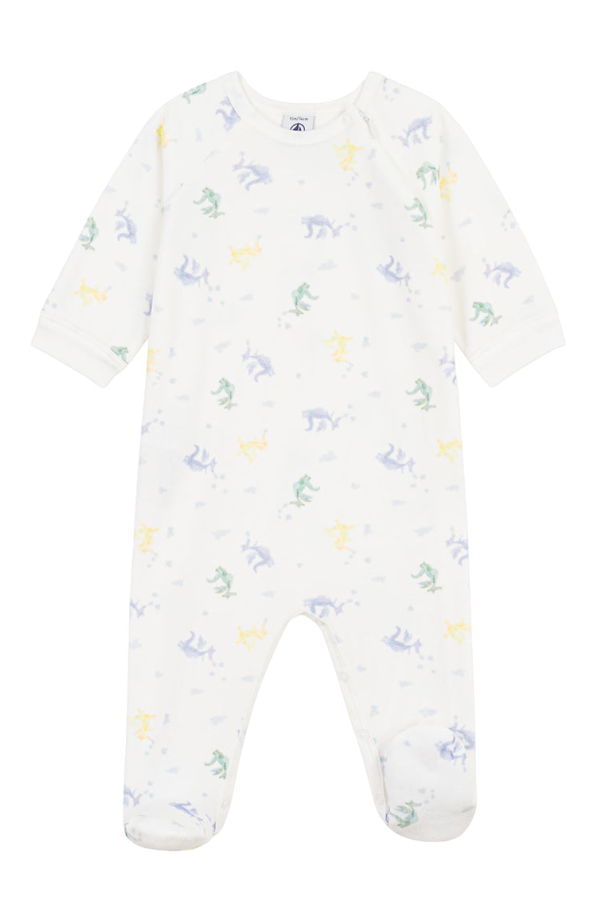 KIDS Petit Bateau Baby Velour Zip Pyjamas With Multicolour Dragons Print - White