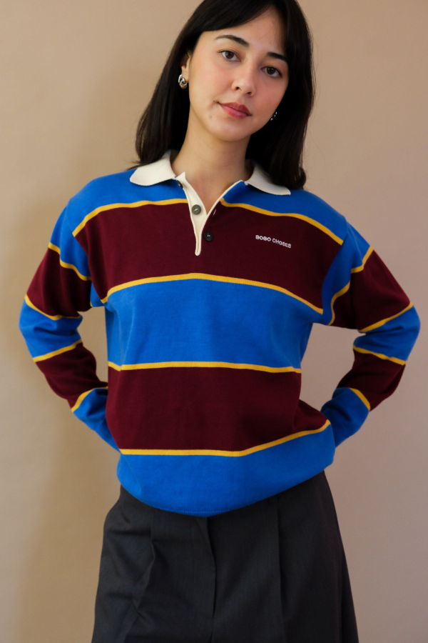 Bobo Choses Striped Cotton Polo Jumper - Blue Stripe