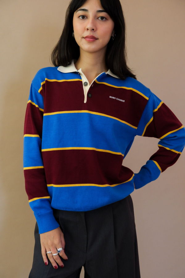 Bobo Choses Striped Cotton Polo Jumper - Blue Stripe