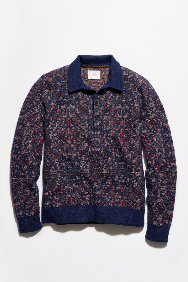 Billy Reid Long Sleeve Tile Jacquard Polo - Carbon Blue Multi