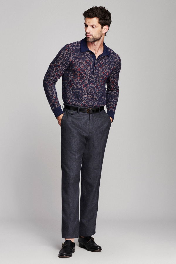 Billy Reid Long Sleeve Tile Jacquard Polo - Carbon Blue Multi