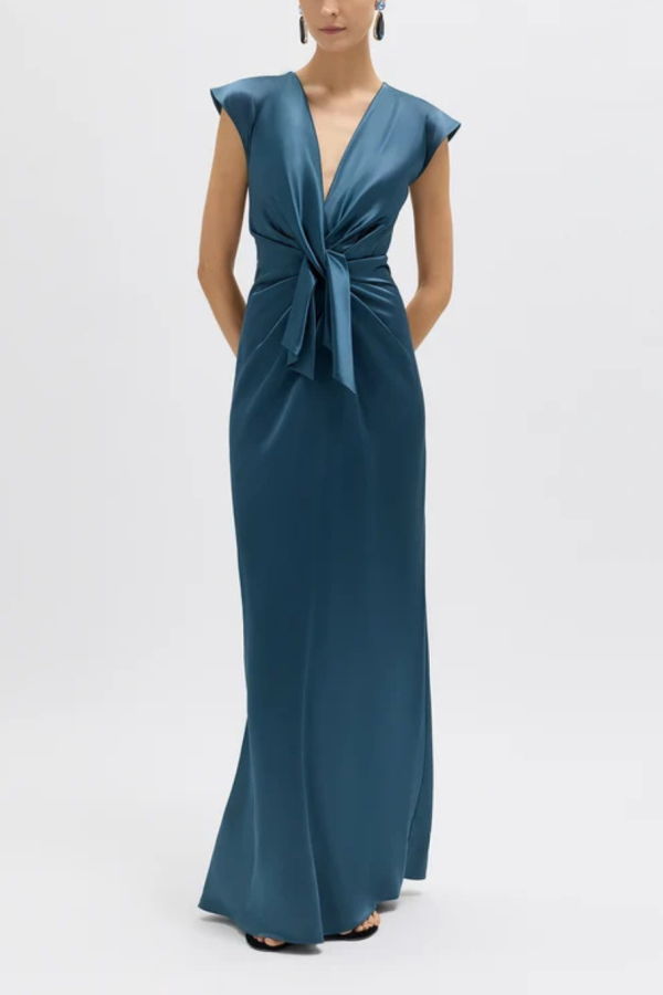 Atelier Delphine Flutter Sleeve Ava Gown - Peacock Blue