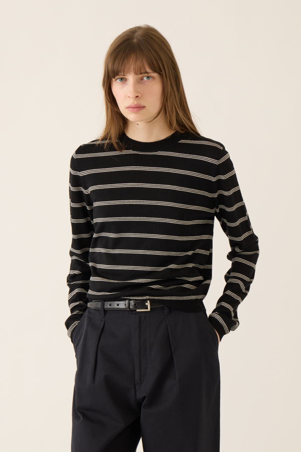 demylee Laina Stripe Superfine Merino Wool Sweater - Black / Vanilla