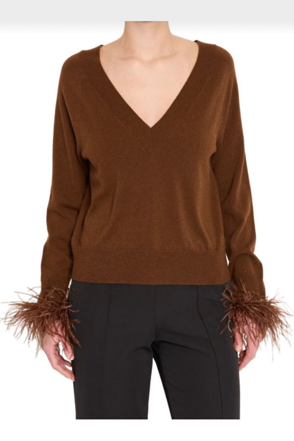 Milly Feather Cuff V-Neck Sweater - Brown