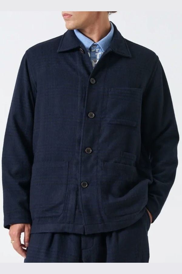 Universal Works Bob Wool Mix Bakers Overshirt - Navy Plaid