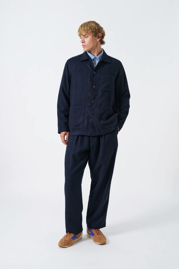 Universal Works Bob Wool Mix Bakers Overshirt - Navy Plaid
