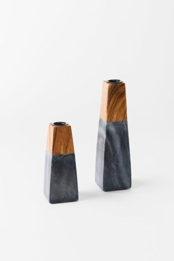 Mela Artisans Tapered Black Marble & Acacia Sculptural Candleholders