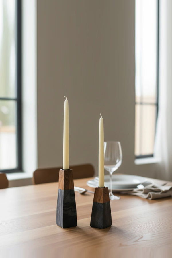 Mela Artisans Tapered Black Marble & Acacia Sculptural Candleholders