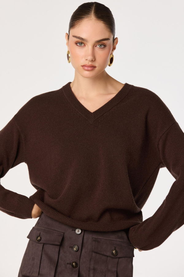 ASTR The Label Brown V-Neck Bowie Sweater