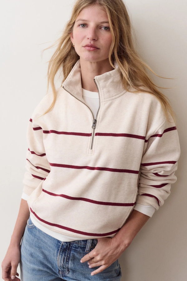 Marine Layer Cloud 9 Fleece Half Zip - Oatmeal Cabernet Stripe