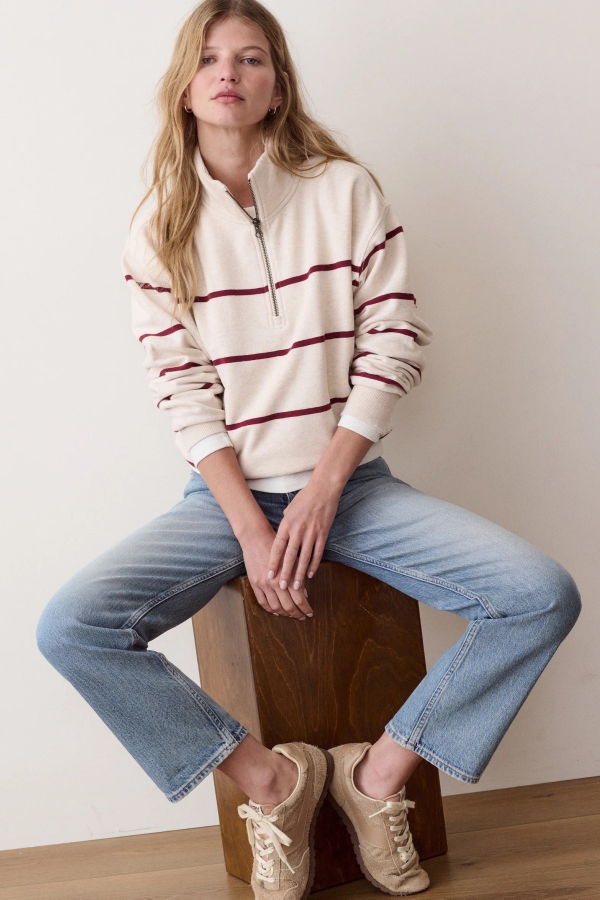 Marine Layer Cloud 9 Fleece Half Zip - Oatmeal Cabernet Stripe