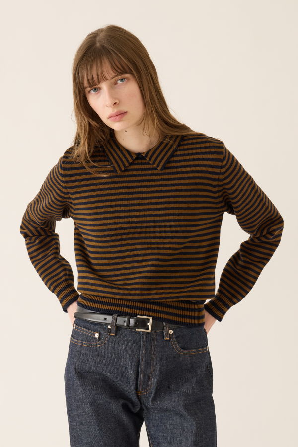 demylee Nadia Stripe Wool Cotton Polo Sweater - Navy / Caramel