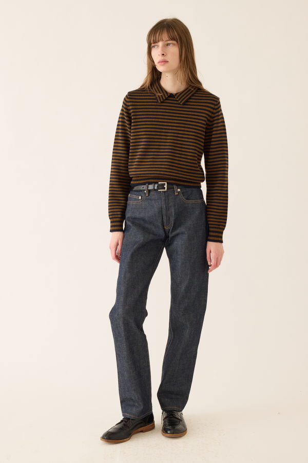 demylee Nadia Stripe Wool Cotton Polo Sweater - Navy / Caramel