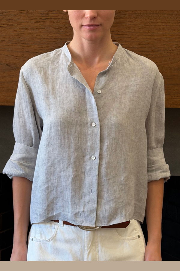 TWP 3/4 Sleeve Shirt with Collar Stand - Light Heather Grey