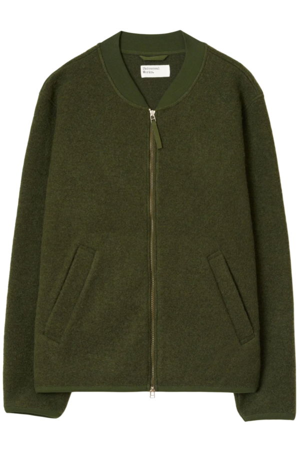 Universal Works Olive Wool Fleece Zip Bomber Jacket