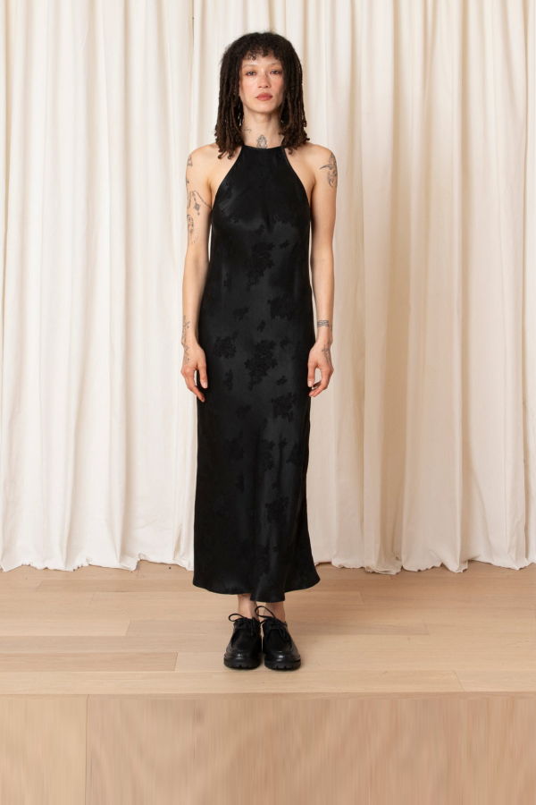 Ali Golden High Neck Bias Jacquard Dress