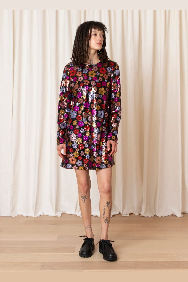 Ali Golden Long Sleeve Shift Dress - Flower Sequins