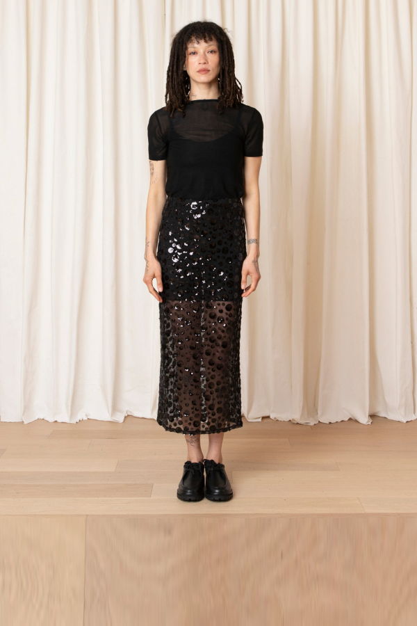 Ali Golden Sequin Mesh Pencil Skirt