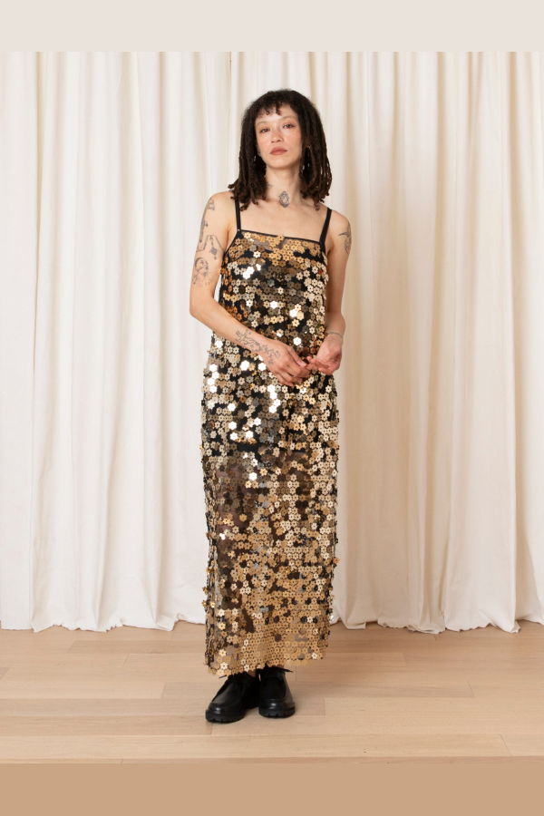 Ali Golden Square Neck Sequin Slip Dress