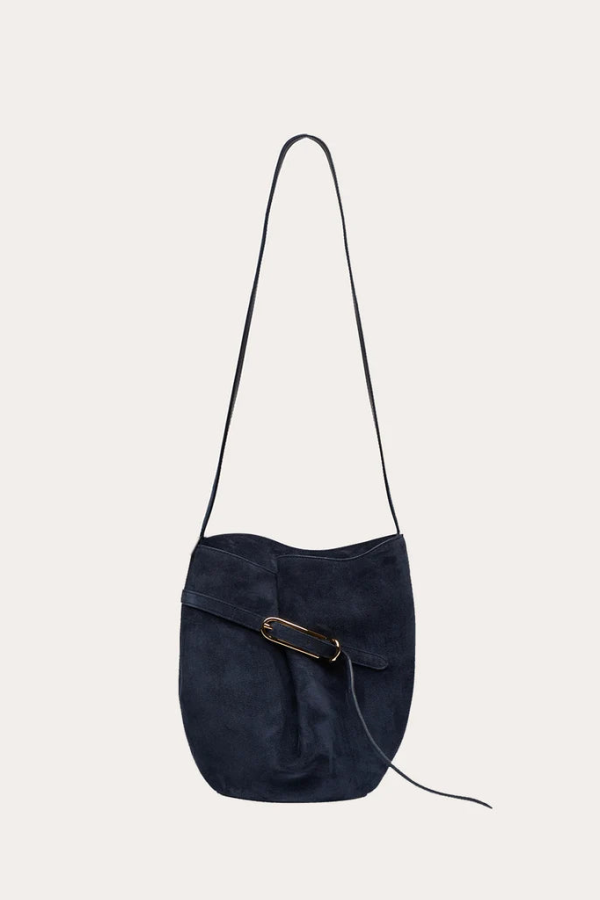 Liffner Suede Belted Bucket Bag - Navy