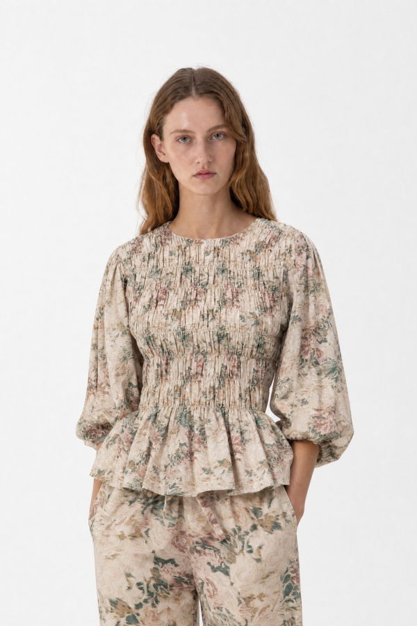 Carmen Says Flower Automne Floral Smocked Peplum Blouse