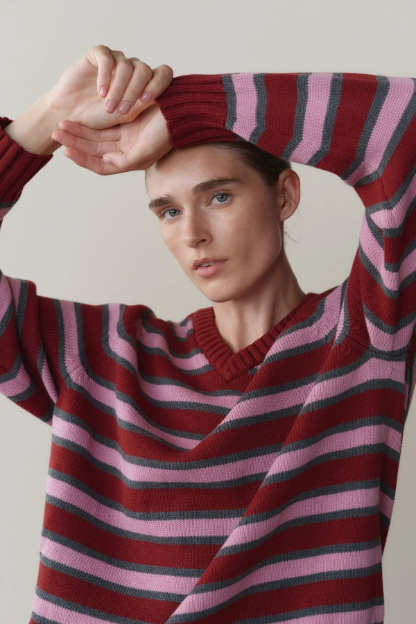 Donni. The Cotton Knit Stripe V-Neck Sweater