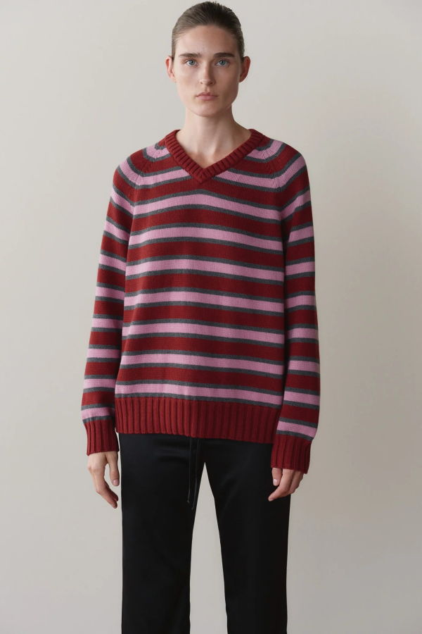 Donni. The Cotton Knit Stripe V-Neck Sweater