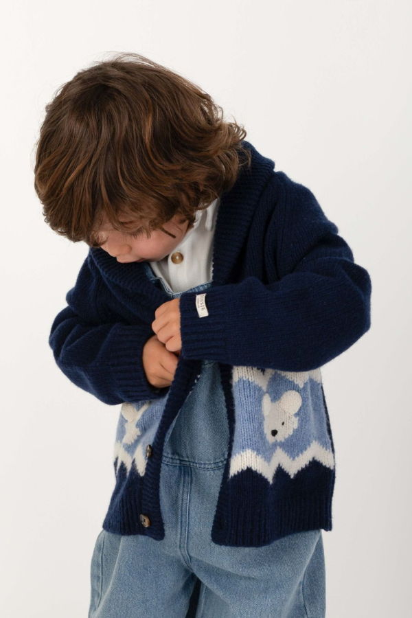 KIDS Donsje Kwinten Merino Wool Polar Bears Cardigan - Navy Blue