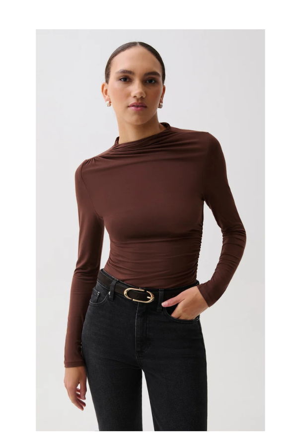 Pistola Nathalia Long Sleeve Draped Mock Neck Top - Woodland Brown