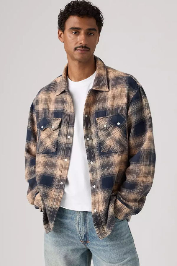 Levi's Long Sleeve Boxy Western Pier 89 Plaid Shirt - Blue Cream