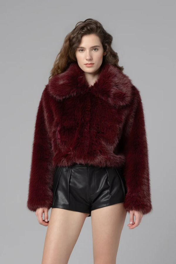 BLANK NYC Wine Tasting Faux Fur Coat - Burgundy