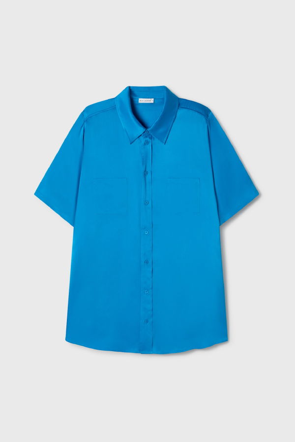 Silk Laundry Short Sleeve Boyfriend Shirt - Coast Blue
