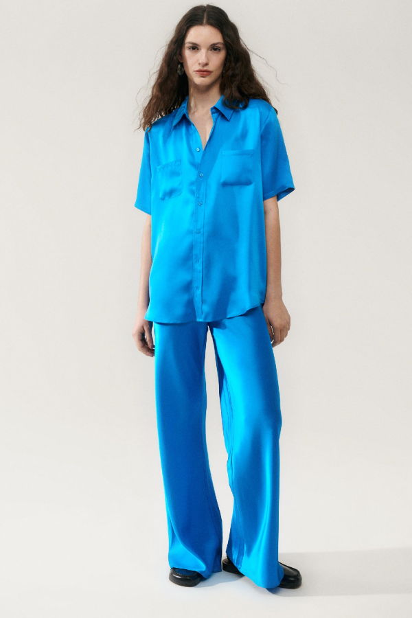 Silk Laundry Short Sleeve Boyfriend Shirt - Coast Blue