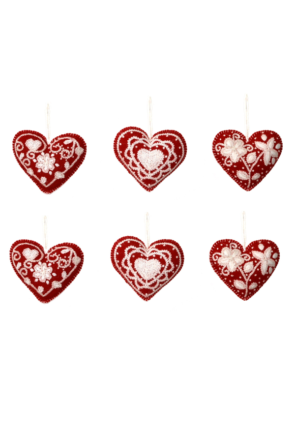 Melange Collection Embroidered Heart Ornament - Set of 6