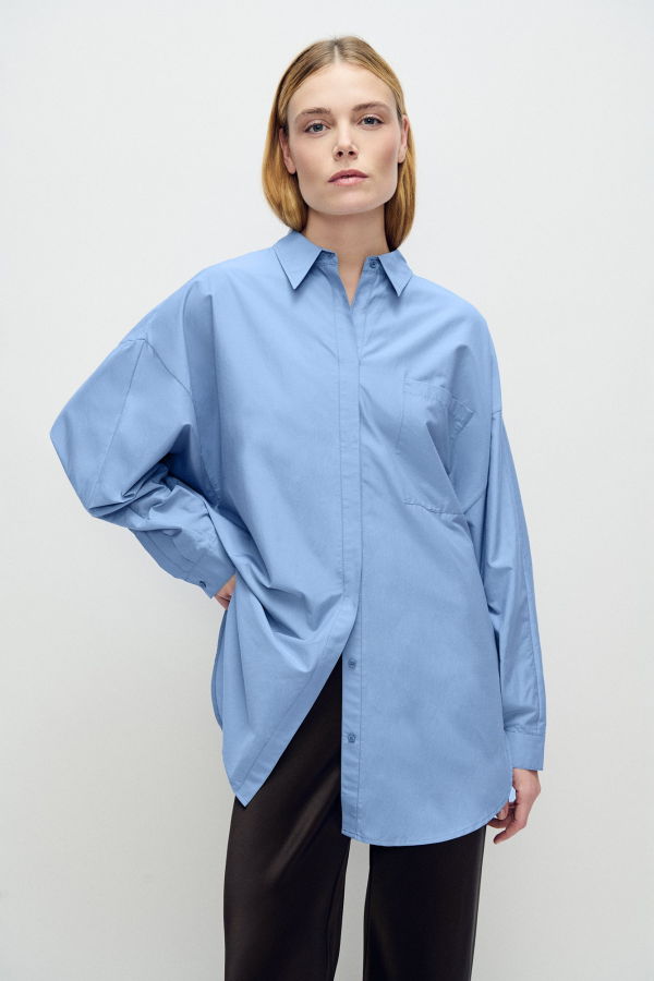 Silk Laundry Cotton Silk Round Shirt - Blue