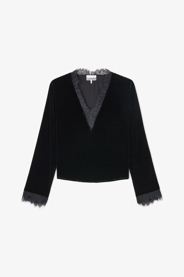Ganni Viscose Silk Velvet Long Sleeve Blouse