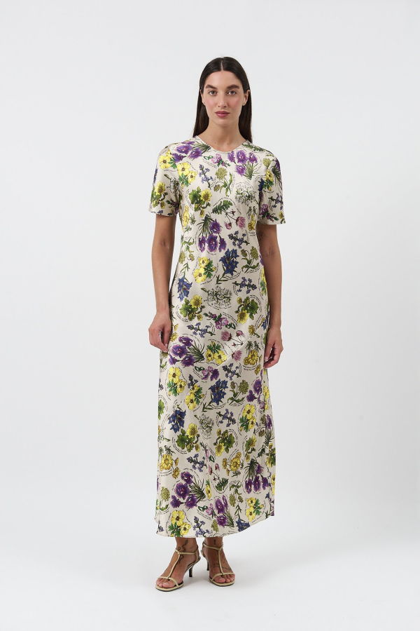 Silk Laundry Short Sleeve Bias Cut Dress - Endangered Flowers