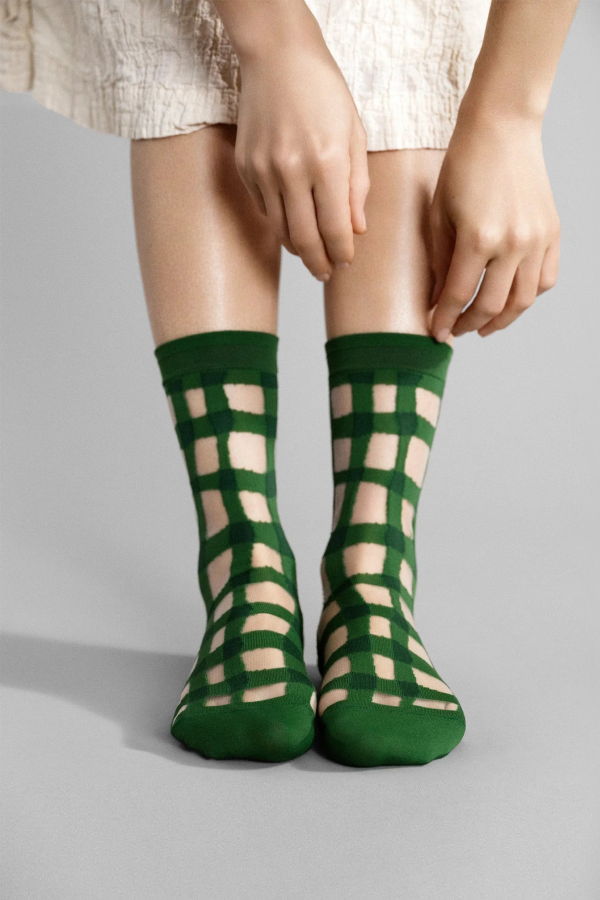 Hansel from Basel Googly Gingham Sheer Crew Socks - Green