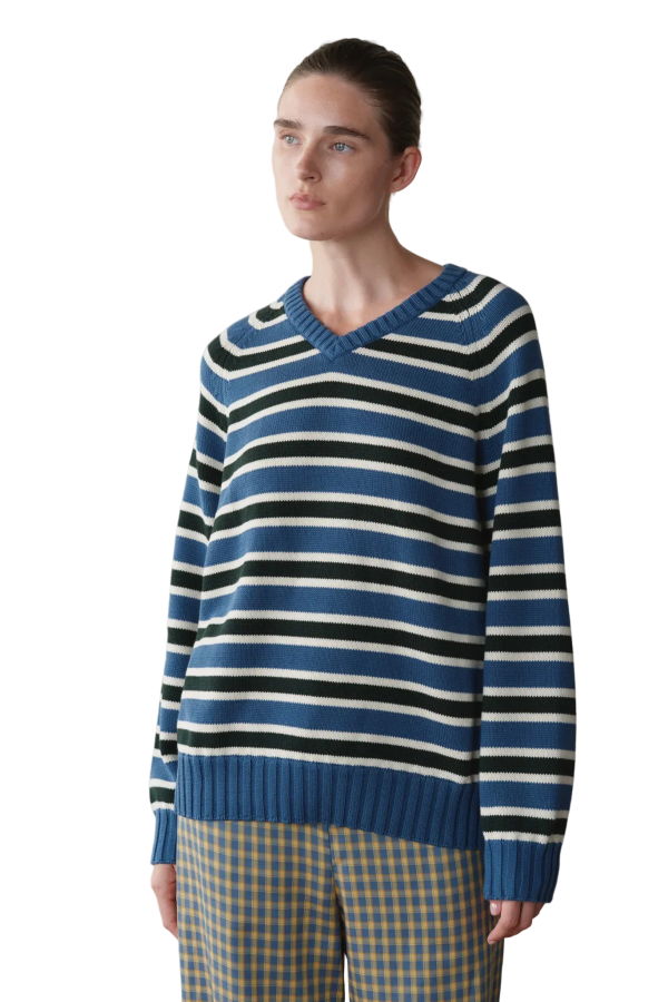 Donni. Cotton Knit Stripe V-Neck Sweater - Lake/Creme/Fir