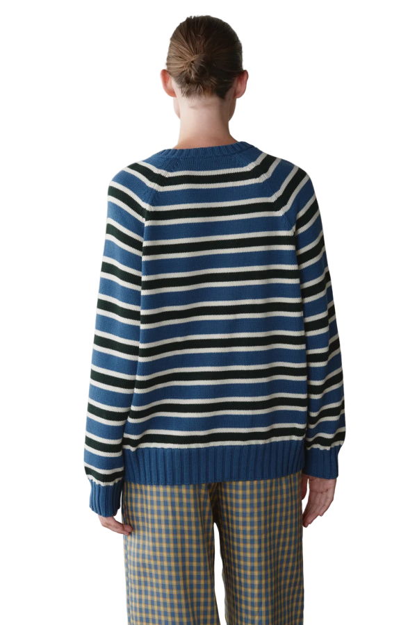 Donni. Cotton Knit Stripe V-Neck Sweater - Lake/Creme/Fir