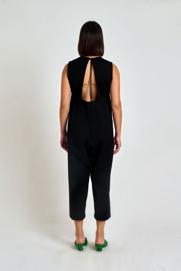 KAAREM Woven Angle Open Back Pocket Onesie - Black