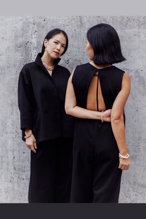 KAAREM Woven Angle Open Back Pocket Onesie - Black