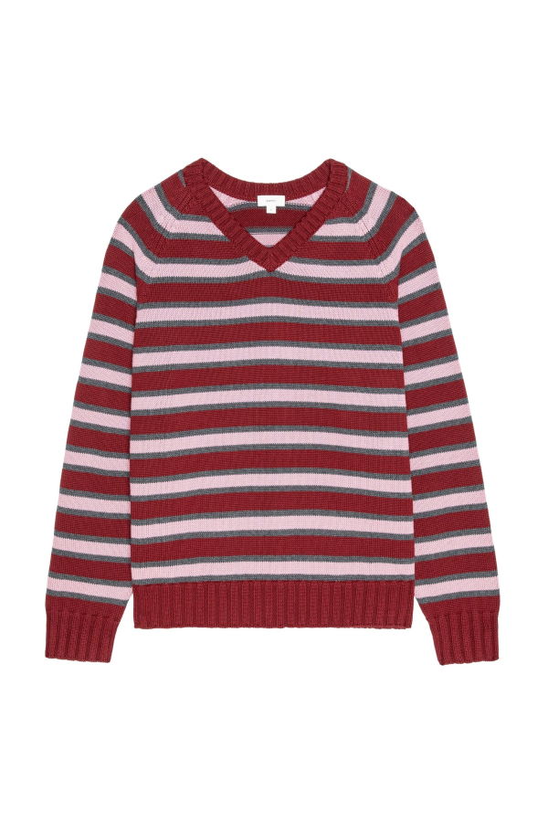 Donni. Cotton Knit Stripe V-Neck Sweater - Oxblood/Roz/Cgy