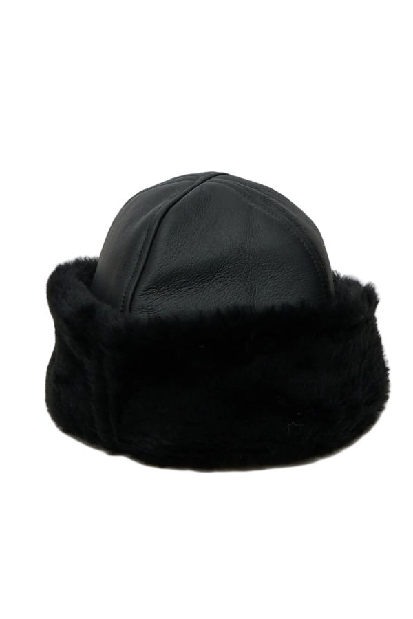 CAWLEY STUDIO Leather Back Straight Hair Sheepskin Cap - Black
