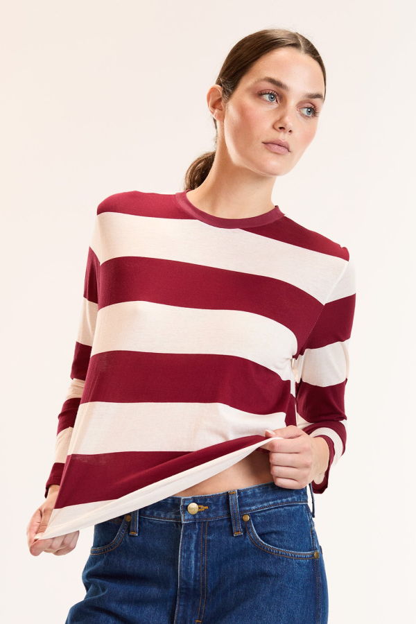 Cynthia Rowley Long Sleeve Everyday Tee - Ivory / Red