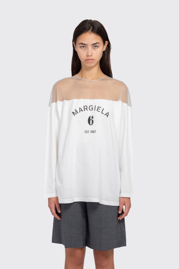 Maison Margiela MM6 Long Sleeve Sheer Mesh T-Shirt - White