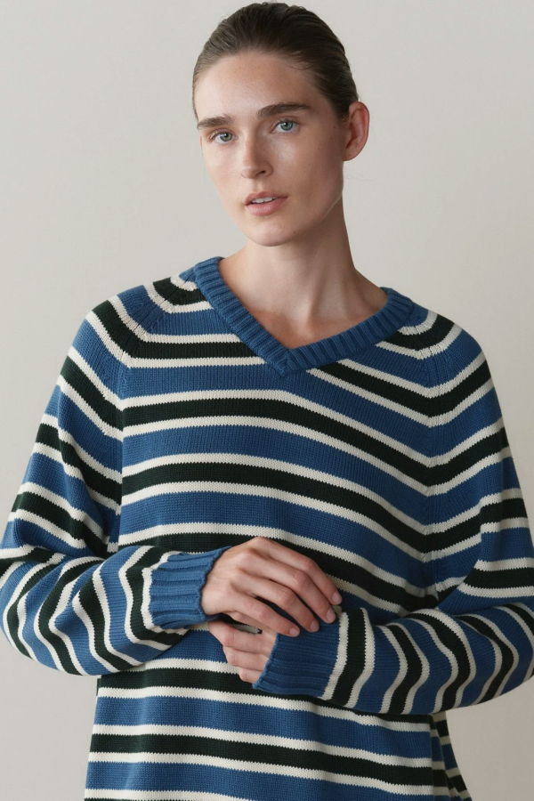 Donni. The Cotton Knit Stripe V-Neck Sweater